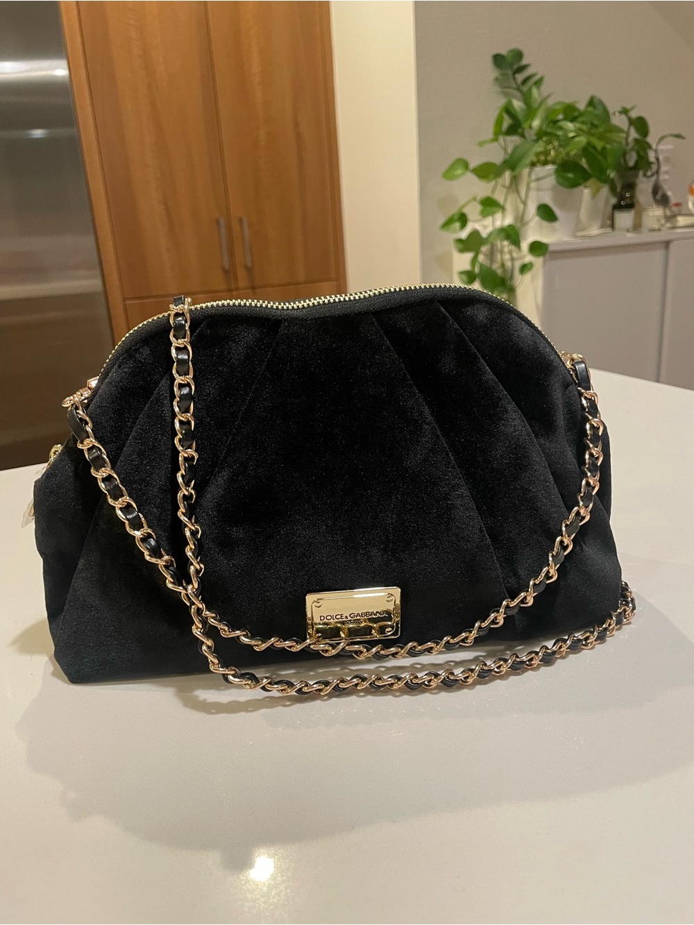 Dolce & Gabbana Beauty Black Velvet Shoulder Bag with Gold Chain